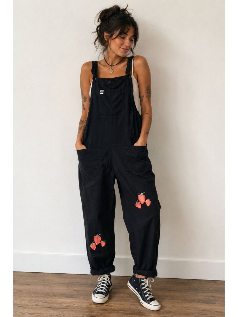 Lucy & Yak Black Organic Cotton Overalls With Strawberry Embroidery Size 10